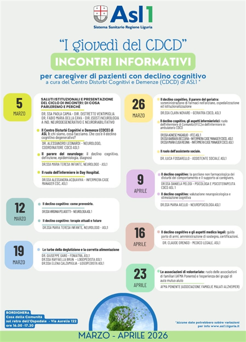 "I giovedì del CDCD" - Incontri informativi per caregiver di pazienti con disturbo cognitivo