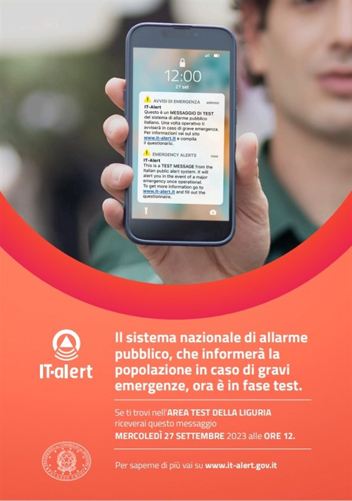 IT ALERT - Domani 27 Settembre 2023 alle ore 12.00 tutti i cittadini della Liguria riceveranno un sms di prova del nuovo servizio